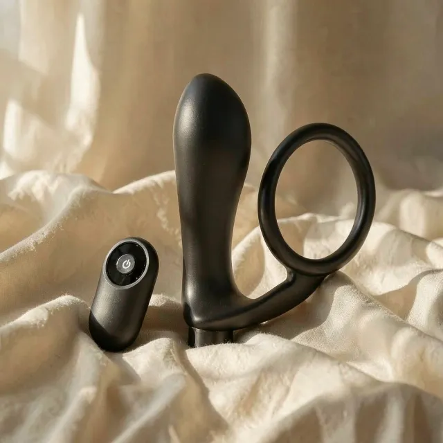 Addicted Toys cockring con plug anale vibrante nero telecomando