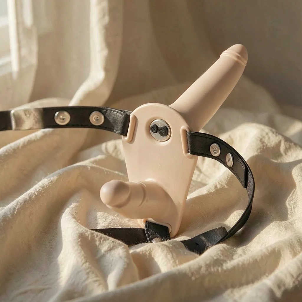 Fetish Submissive harness doppia penetrazione vibrante flesh
