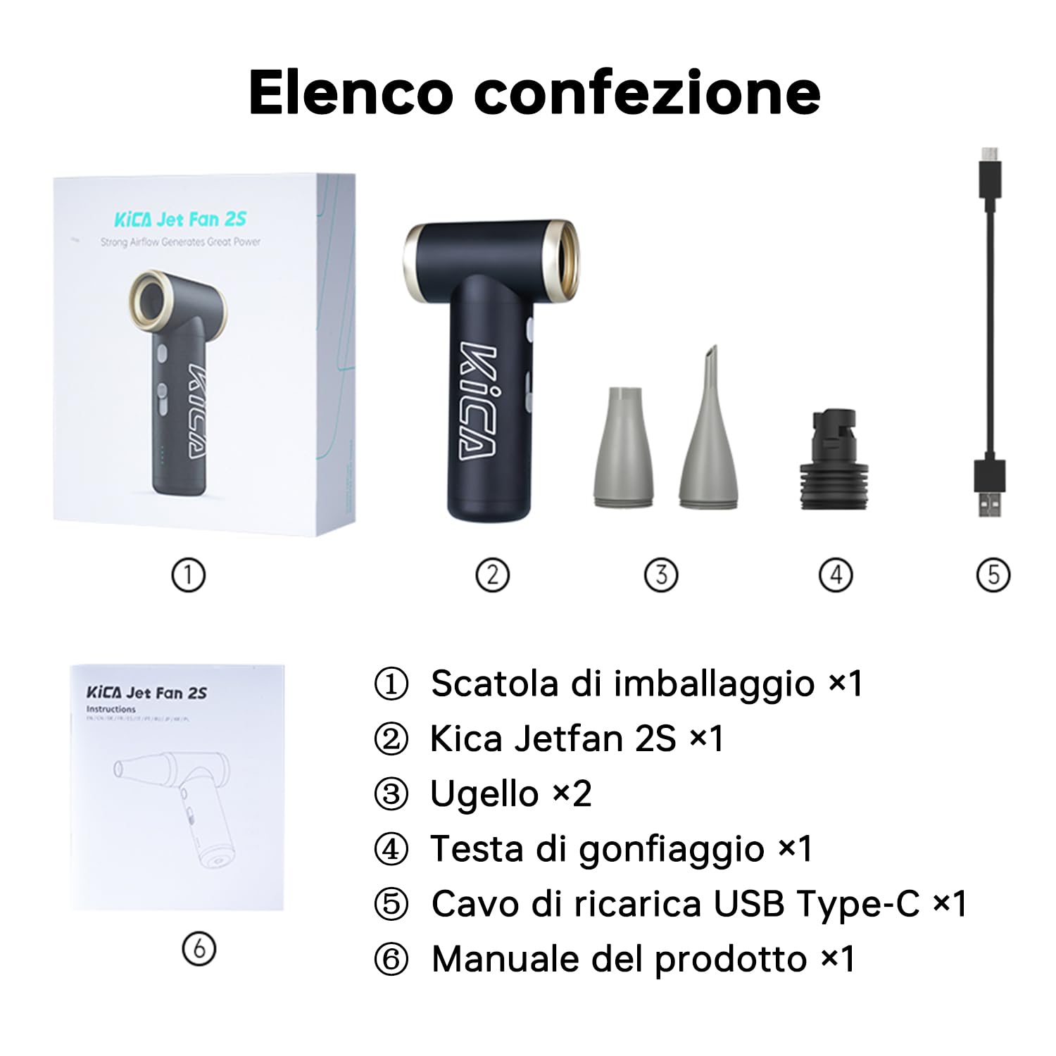 Kica JetFan 2S soffiatore nero 99 km/h Type-C