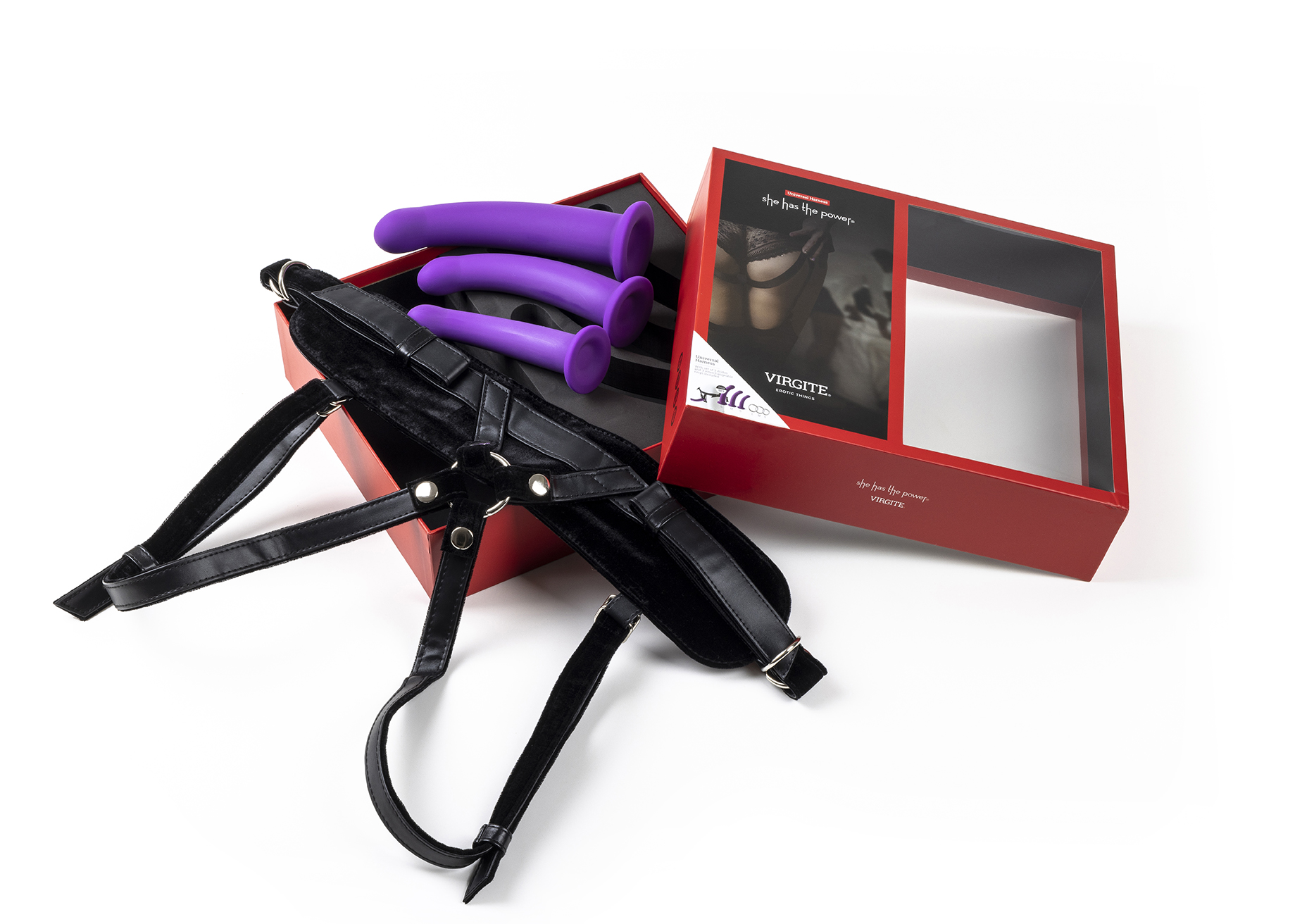 Virgite Love Hit strap-on imbracatura 3 dildo viola S M L